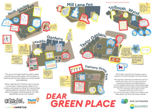 A graphic created by a group of young people at Citadel Youth Centre showing their ideas for park redeveloping in six small parks in Leith Edinburgh.